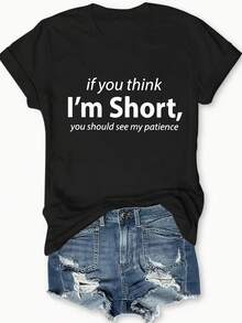 Women'S Chic Funny Quote Letter Print Tee - Comfy, Casual Short Sleeve Crew Neck T-Shirt For Everyday Wear & Stylish Layering - 黑色 - 查看 1