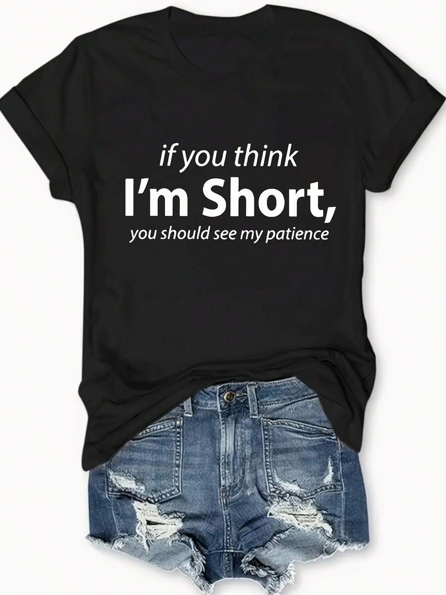 Women'S Chic Funny Quote Letter Print Tee - Comfy, Casual Short Sleeve Crew Neck T-Shirt For Everyday Wear & Stylish Layering - 黑色 - 查看 1