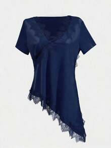 Camiseta de mujer con cuello de volantes y encaje, elegante y de moda, adecuada para el Día de San Valentín, bodas, vacaciones, salidas casuales, fiestas, con bajo asimétrico y tela elástica - Azul marino - Ver 6