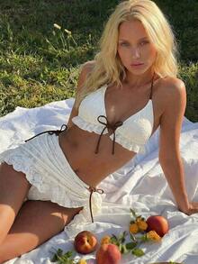 Conjunto de bikini de 3 piezas con tapa de falda, estilo de vacaciones en la playa, para mujer, con bikini halter sin espalda y encaje sexy - Beis 3 - Ver 7