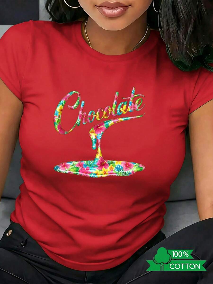 ModaModaCamiseta de Cuello Redondo para Mujer con Estampado de Letras de Anime, Diseño Sencillo, Cómoda y Transpirable, Ideal para Uso Diario Casual, Presentando un Estilo Veraniego Refrescante, Esencial para Fiestas, Envío Local, Estampado Floral Bonito - Rojo - Ver 1