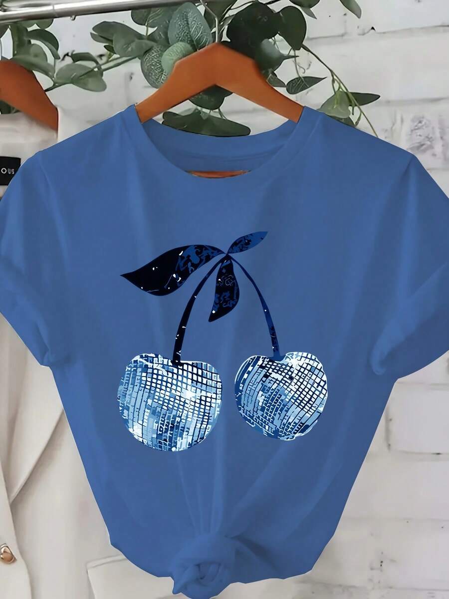 Women's Summer T-Shirt - Sparkling Cherry Design In Emerald Green, Loose Round Neck, Casual Top For Everyday Wear, Suitable For Parties And Outings - Machine Washable, Spring/Summer Style, Comfortable Fabric, Short Sleeve T-Shirt With Modern Print, Soft Texture, Fashionable Summer Clothing, Spring/Summer Garment - 藍色 - 查看 1