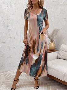 Vestido unicolor con bolsillo oculto escote V - Rosa - Ver 4