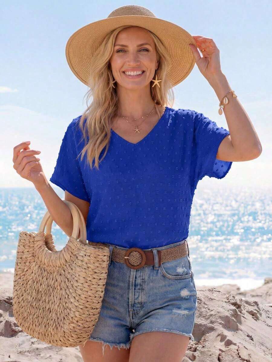 Blusa informal de unicolor con mangas de murciélago para vacaciones, blusas de manga corta para mujer - azul real - Ver 1