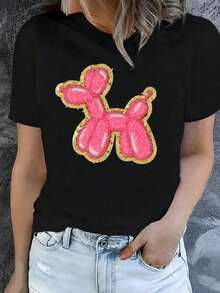 Premium Women's Black T-Shirt With Bright Pink Balloon Dog, Pop Art Aesthetic Animal Print T-Shirt, Modern Summer Top, Fun Fashionable  Casual Blouse - 黑色 - 查看 1
