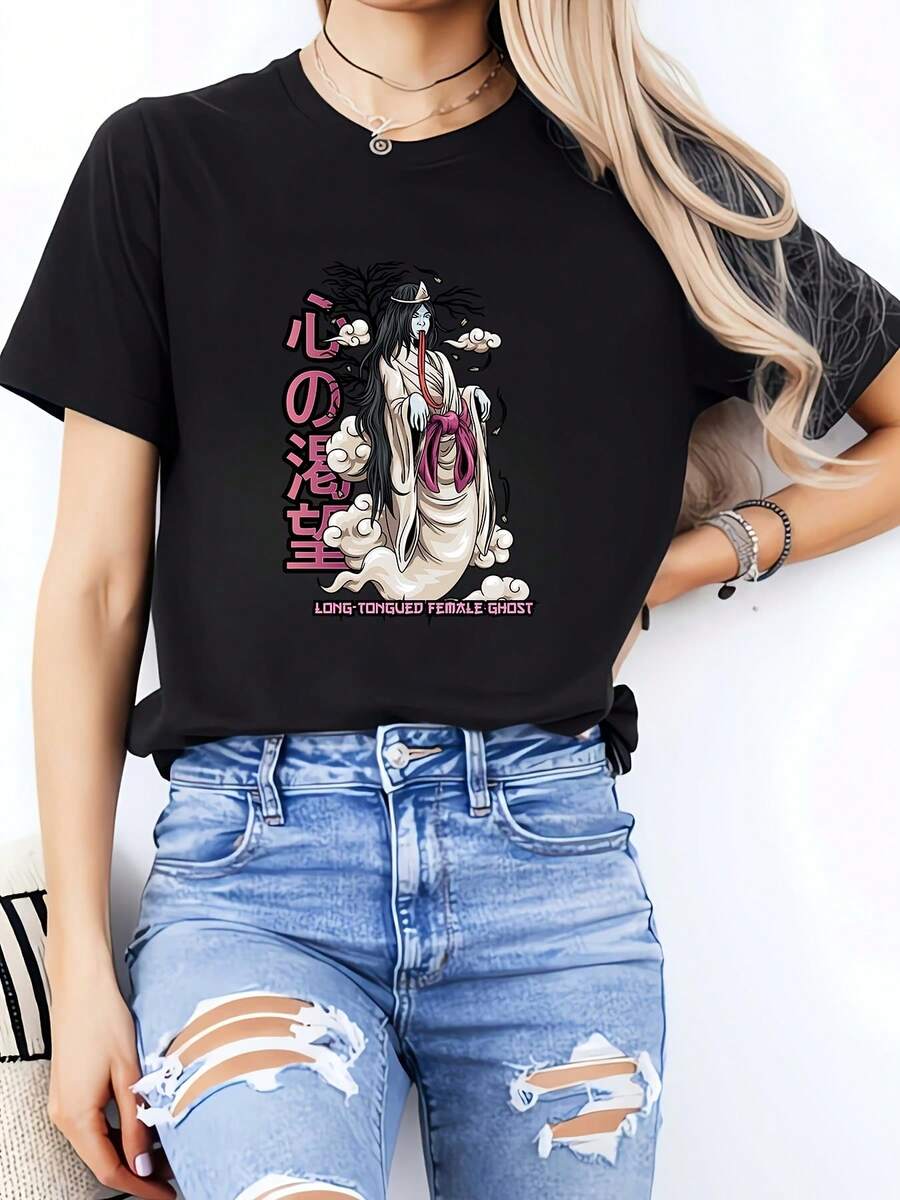 Women's 100% Cotton 180G T-Shirt With Long Tongue Ghost Anime Design - An Ideal Gift For Halloween, Cosplay Parties, And Team Events - A Very Comfortable And Stylish T-Shirt To Give To Your Loved One - T-Shirts For Everyday Wear - 黑色 - 查看 1