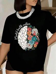 Women's T-Shirt With Brain And Flower Print, Round Neck, Short Sleeves, For Casual Wear, For Mental Health Awareness Day And Everyday Use, 220g - 黑色 - 查看 5
