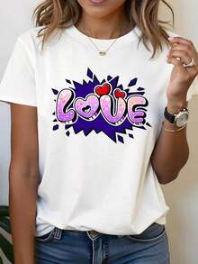 Plus Size Women's Plus Size T-Shirt With LOVE Graphic Print, Short Sleeve And Round Neck, Casual Top For Summer And Spring, Women's Clothing, Women's Standard Size Casual T-Shirt, Breathable Lightweight Short Sleeve Tee, Blouses For Women, Shirt - 白色 - 查看 1