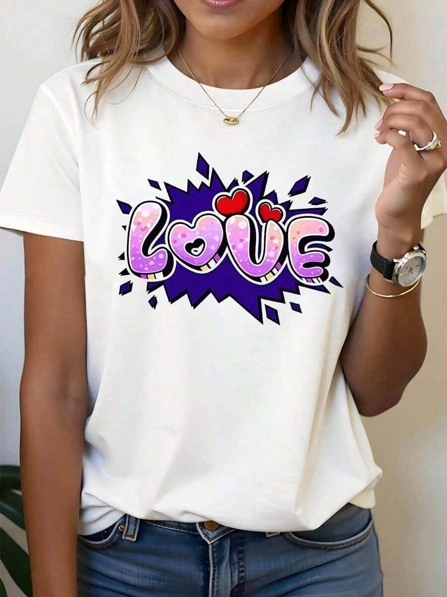 Plus Size Women's Plus Size T-Shirt With LOVE Graphic Print, Short Sleeve And Round Neck, Casual Top For Summer And Spring, Women's Clothing, Women's Standard Size Casual T-Shirt, Breathable Lightweight Short Sleeve Tee, Blouses For Women, Shirt - 白色 - 查看 1