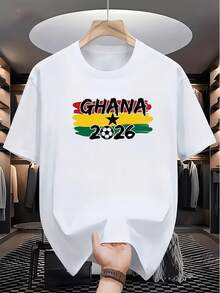 Exclusive Ghana Football Fan Jersey With Red, Yellow And Green Star Print, Unisex, Casual Loose Fit, Round Neck, Breathable, Short Sleeve - 白色 - 查看 1
