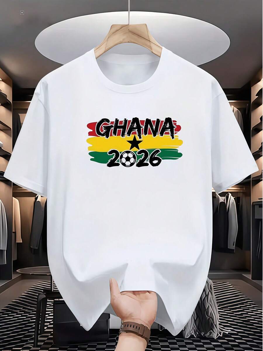 Exclusive Ghana Football Fan Jersey With Red, Yellow And Green Star Print, Unisex, Casual Loose Fit, Round Neck, Breathable, Short Sleeve - 白色 - 查看 1