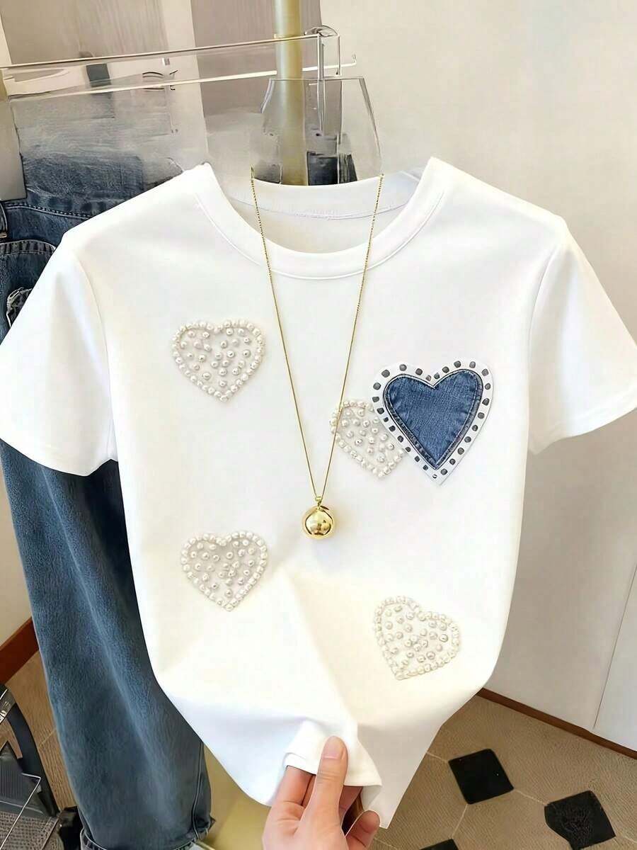 Loose Fit T-Shirt [With Simulated 2D Print], Casual Short Sleeve T-Shirt, Regular Fit, Machine Washable, Essential For Spring And Summer, Soft And Comfortable, Women's T-Shirt With Simulated Cartoon Pearl Heart Print. - 白色 - 查看 1