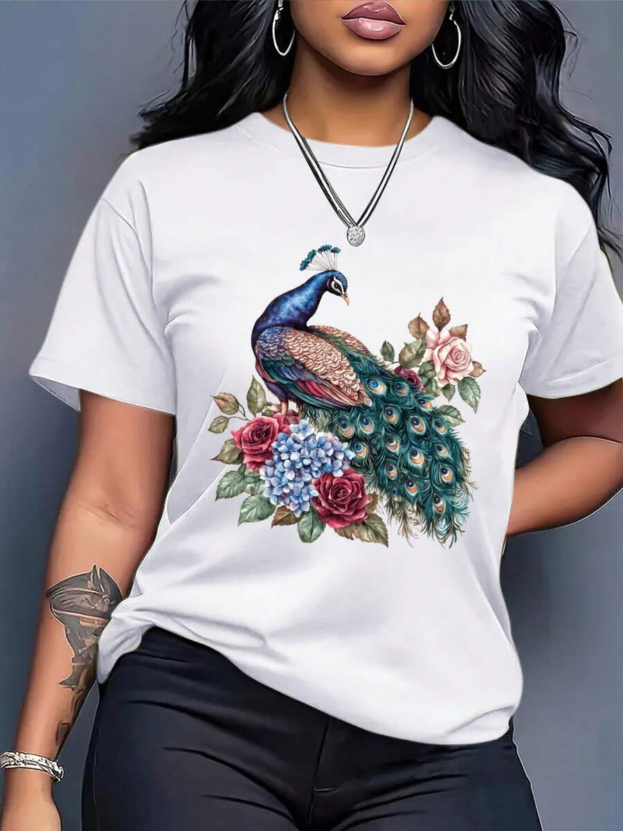 Women's Black Casual 100% Cotton T-Shirt, Printed With Vibrant Peacock And Floral Motifs - Loose Fit, Short Sleeves, Round Neck, Lightweight, Ideal For Summer, Available In Blue, Green, Pink, White, Orange And Yellow, Breathable And Comfortable, Suitable For Everyday Wear And Semi-Formal Occasions, Machine Washable. BXH8 - 白色 - 查看 1