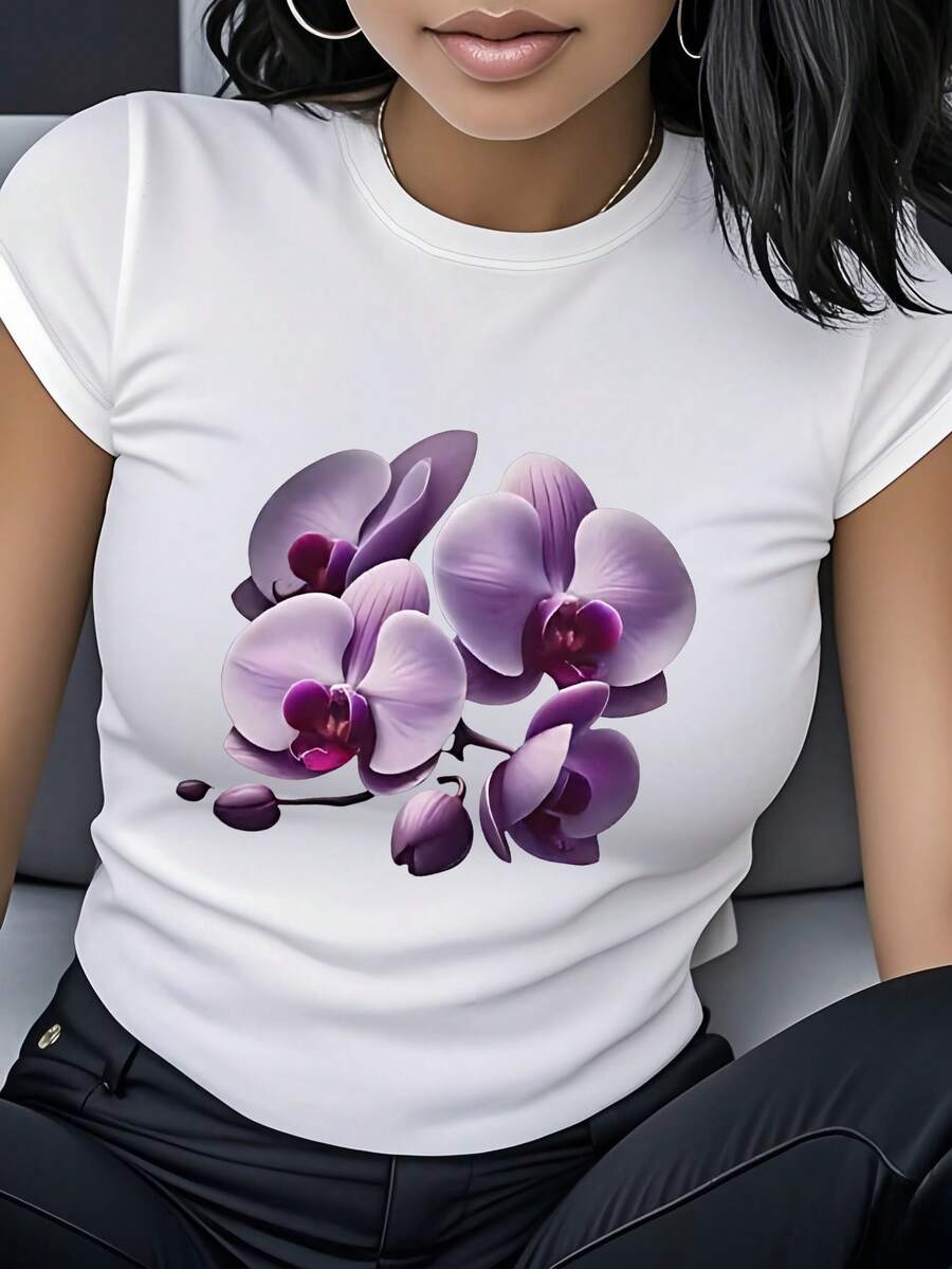 Women's T-Shirt Made Of Pure Cotton, Casual Loose Style, With A Purple Orchid Print, Short Sleeves And A Round Neck, Elegant And Soft Floral Design, Natural And Fresh Style, Suitable For Casual Daily Wear In Spring And Summer, Highlights Feminine Charm, Perfect For Friendship Outfits, Travel And Vacation, Holiday Gift, Birthday Surprise, Mother's Day Gift. - 白色 - 查看 1