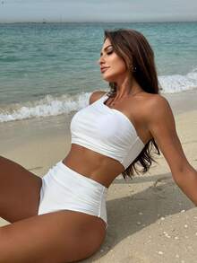 Nuevo bikini de dos piezas de color sólido con frunces, cintura alta y un solo hombro. - Blanco - Ver 1