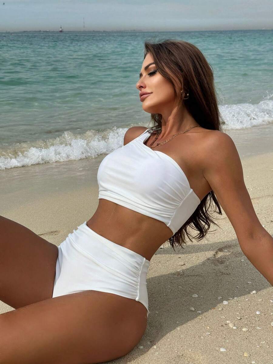 Nuevo bikini de dos piezas de color sólido con frunces, cintura alta y un solo hombro. - Blanco - Ver 1