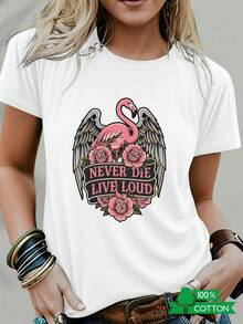Women's T-Shirt With Round Neck And Anime Letter Print, Simple Design, Comfortable And Breathable, Suitable For Casual And Versatile Daily Wear, Showing A Natural And Elegant Style, A Must-Have For Summer Parties, Shipped Locally With Flamingo Wings. - 白色 - 查看 1