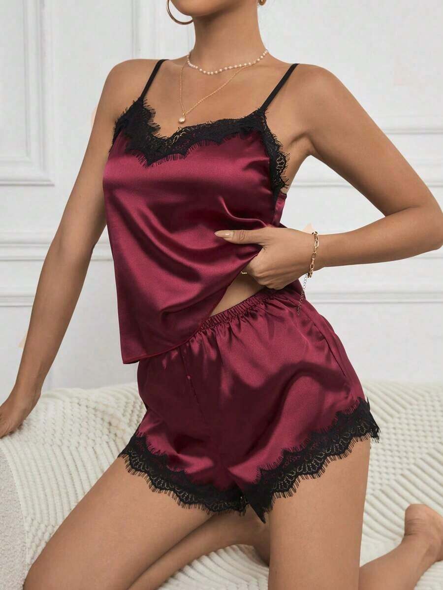 Conjunto de pijama con top de cami de satén con ribete de encaje y shorts - Rojo violeta 2 - Ver 1