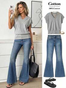 Camiseta casual de mujer de unicolor con cuello en V, mangas cortas tipo murciélago, para usar con vaqueros - Gris - Ver 8