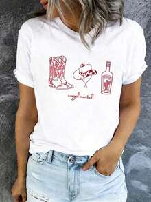 Simple And Versatile Design Women's Cowboy Boots Hat Tequila Graphic T-Shirt - Sheer Neck Short Sleeve Loose Breathable Western Print Top Suitable For Casual Wear, Holiday Wear, Theme Parties - Machine Washable Casual Western Style Cotton T-Shirt - 白色 - 查看 1