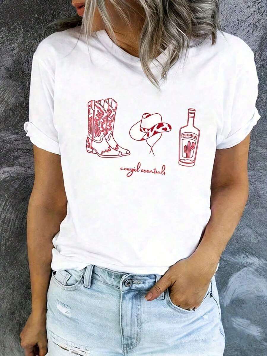 Simple And Versatile Design Women's Cowboy Boots Hat Tequila Graphic T-Shirt - Sheer Neck Short Sleeve Loose Breathable Western Print Top Suitable For Casual Wear, Holiday Wear, Theme Parties - Machine Washable Casual Western Style Cotton T-Shirt - 白色 - 查看 1