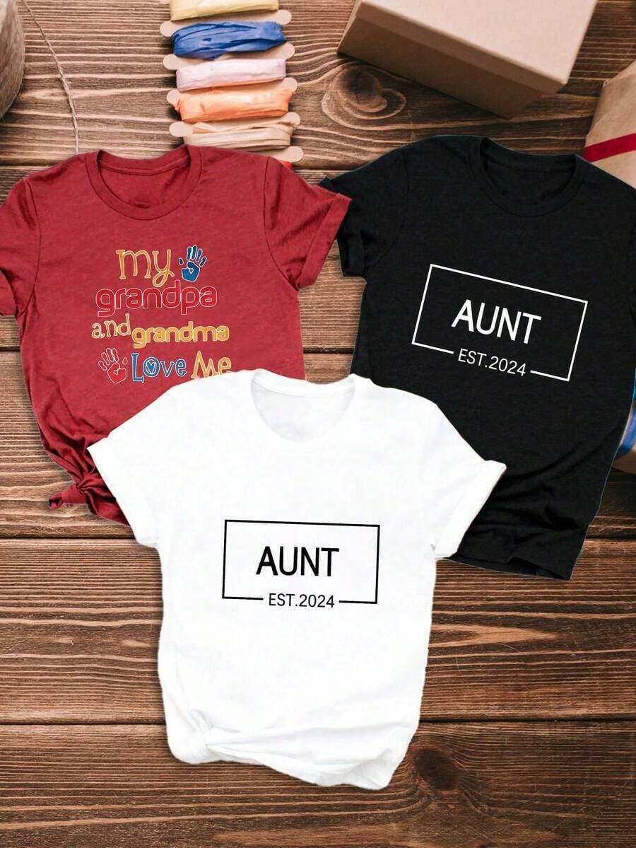 No es un conjunto de 3 piezas, camiseta casual de manga corta para mujer.   Camiseta estampada con las palabras "Mis abuelos me aman".   Establecido en 2024.   Camiseta de manga corta con cuello redondo para mujer, de algodón puro, transpirable, informal, deportiva, ideal como regalo de vacaciones, diseño de mariposa de primavera. - Blanco - Ver 1