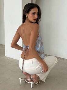 Blusa de mujer elegante con cuello de halter, estampado de tinte anudado y gasa para vacaciones en la playa - Celeste - Ver 5