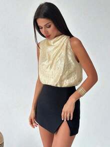 Camisa asimétrica plisada de color albaricoque, elegante y de moda, para uso diario en la oficina, de vacaciones o en festivales de música, para primavera/verano - Albaricoque - Ver 7