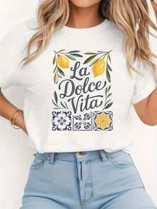 Summer Tops La Vita Women's T-Shirt With Italian Lemon And Leaf Pattern – Soft, Non-Stretch Round Neck Summer Top With Italian Phrases And Mediterranean Patterns, Casual Y2K Style Blouse For Spring, Beachwear, Dress-Like Outfits (Non-Cotton T-Shirt) - 白色 - 查看 7