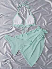 Conjunto de bikini de triángulo halter llano para playa de verano con falda de playa - Verde - Ver 2