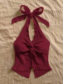 Top de tirantes sexy y elegante con nudo en el cuello, dobladillo con abertura y espalda descubierta - Burdeos - Ver 4