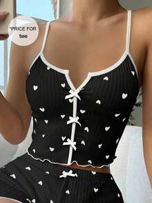 Top de pijama de mujer con estampado de corazones y decoración de moño - Negro - Ver 1