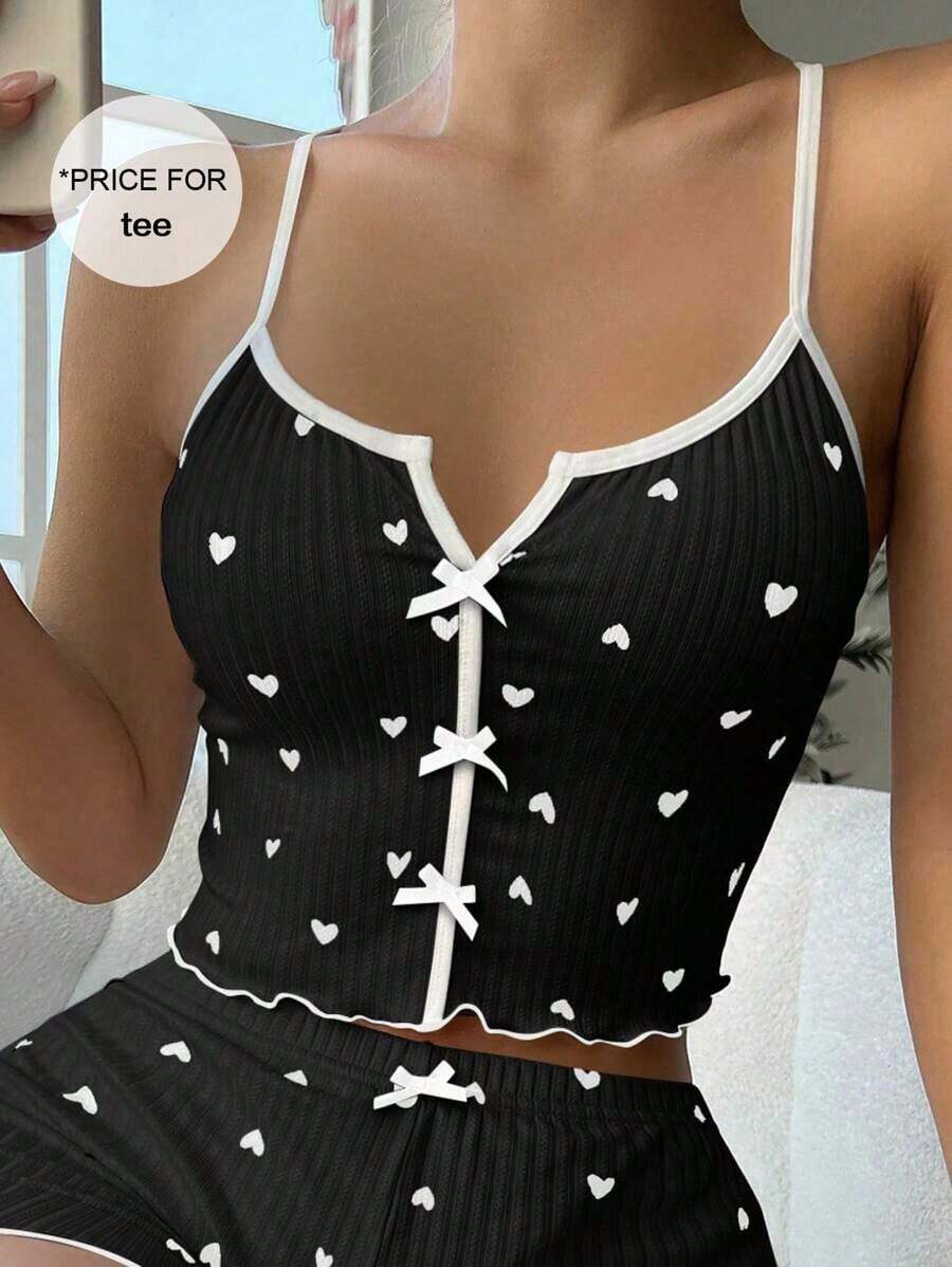 Top de pijama de mujer con estampado de corazones y decoración de moño - Negro - Ver 1
