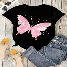 Kawaii Butterfly Graphic T-Shirt, 100% Cotton Oversized Soft Breathable Casual Crewneck Short Sleeve Top, Spring Vibes Aesthetic Tee for Women & Nature Lovers - Negro - Ver 6