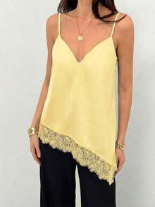 Top de tirantes de mujer con encaje y bajo asimétrico - Amarillo claro - Ver 4