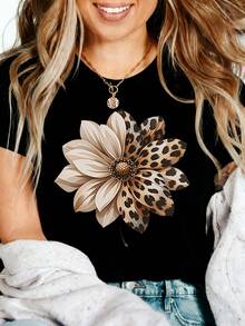 Floral Leopard Print Graphic T-Shirt, 100% Cotton Oversized Soft Breathable Casual Crewneck Short Sleeve Top, Summer Vibes Aesthetic Streetwear Tee For Women & Nature Lovers - 黑色 - 查看 1