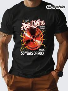 April Wine Sound Of Rock 50 Years Of Rock Graphic T-Shirt - White Crew Neck T-Shirt With Stylized Text And Record Design, Breathable Casual T-Shirt For Rock Music Fans, Muscular Model On Plain Light Background. With A Crisp, Streamlined Cut, This Garment Creates A Clean And Vibrant Look When Worn. Its Loose Yet Flattering Silhouette Suits All Body Types, Offering A Style That Is Both Casual And With A Touch Of Elegance. - 黑色 - 查看 6