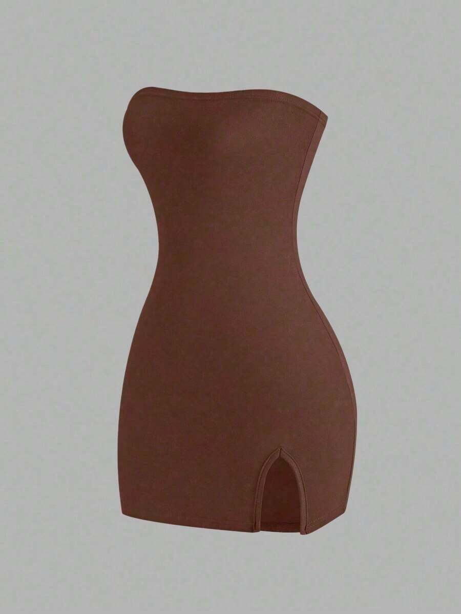 Vestido de tubo de color liso con abertura alta para ropa de Año Nuevo, minivestido corto para mujer - Cafetería - Ver 1