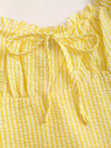 Conjunto de 2 piezas de blusa de manga de pétalo a rayas estilo francés dulce y pantalones rectos holgados para mujer, de primavera/verano - Amarillo - Ver 6