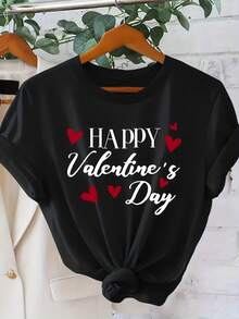 Women's Vintage Valentine's Day Heart Print T-Shirt - Short Sleeve Crew Neck Blouse With Heart And Love Letter Graphics, Machine Washable, Casual And Elegant Top For Valentine's Day Gift, Loose And Comfortable Fit For Year-Round Wear - Non-Woven - 黑色 - 查看 1