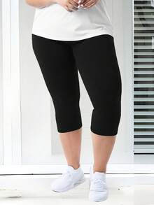 1pc Plus Size Spring/Summer 7/8 Yoga Leggings, Versatile Casual Wear Sports - Black - View 6