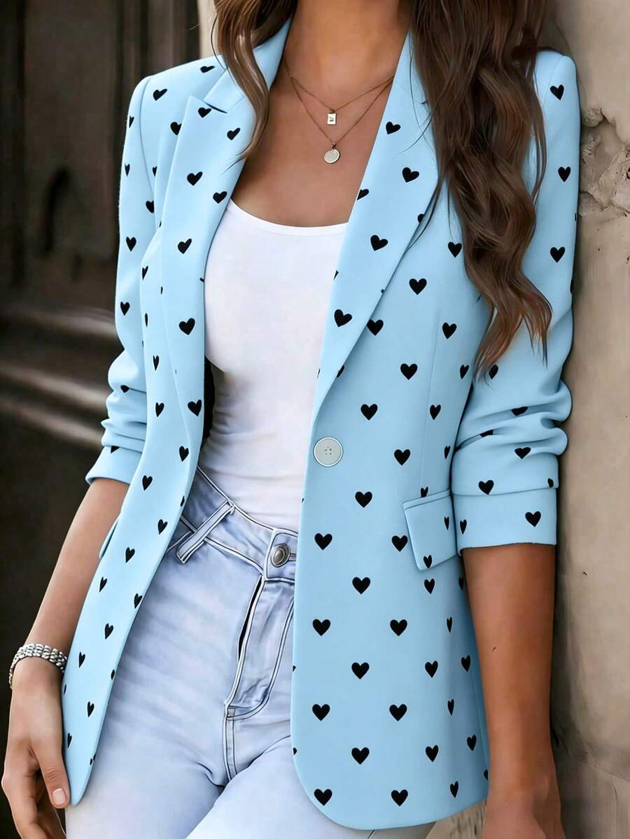 Women's White Long Sleeve Polyester Blazer Jacket With Heart Pattern And Button Design, Suitable For Fashionable Outfits - Baby Blue - View 1