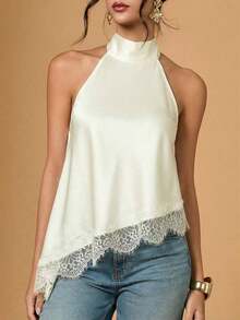 2026 Nuevo Llegado Blusa Asimétrica con Escote Halter y Encaje para Mujer, Top de Verano, San Valentín para Mujeres, Top para Salir, Top Negro, Estilo Old Money, Vacaciones, Primavera Mujer, Día de San Valentín - Albaricoque - Ver 5