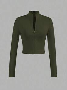 Chaqueta básica casual de ajuste ceñido con cremallera, cuello en V y manga larga para otoño/invierno - E - Verde militar - Ver 5