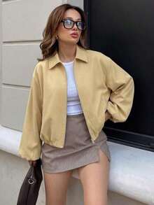 Chaqueta con bolsillo con cremallera de lunares rosas para mujer - Abrigo casual suelto con solapa para primavera/otoño - Amarillo - Ver 1