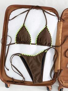 Bikini de 2 piezas de unicolor con escote halter y lazos, sexy y elegante para playa, vacaciones, viajes y fiestas. Nuevo para primavera/verano - brotes fluorescentes marrones - Ver 2