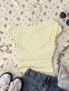 Blusa corta asimétrica fruncida para mujer - Amarillo claro - Ver 2