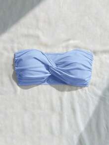 Top de bikini bandeau de un solo color con efecto retorcido - Azul 3 - Ver 5