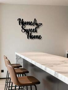 1pc Metal Wall Decor "Warm Home" With Butterfly Pattern - Adds A Cozy Ambiance To Living Room, Bedroom Or Entryway, Perfect Gift To Express Love For Home For Family And Friends - Black - View 6