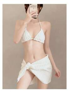 Nuevo Bikini Sexy de Tres Piezas Estilo Ins 2026 con Sensación Avanzada y Efecto Adelgazante para Vacaciones en la Playa - BLANCO - Ver 2